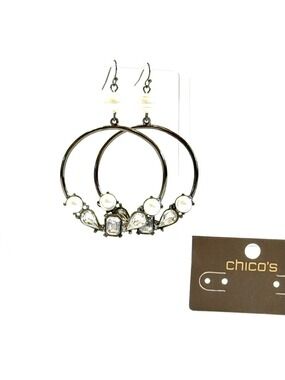 CHICO’S Pearl & Crystal Hoop Statement Earrings 2.5” | NWT